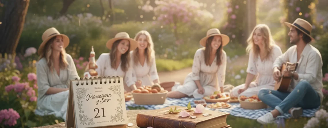 primavera y sexo: luz cálida sobre flores de estación y calendario desenfocado