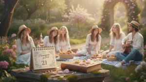 primavera y sexo: luz cálida sobre flores de estación y calendario desenfocado