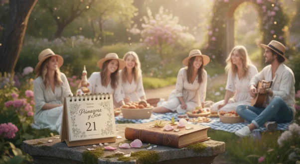 primavera y sexo: luz cálida sobre flores de estación y calendario desenfocado